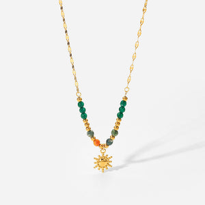 Bohemian - style Gold - toned Necklace with Green Beads and Sun - shaped Pendant - Customize only