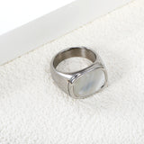 Cast Crafted Sticky White Oversized Shell Ring Square Gold Polished Stainless Steel Ring Wholesale