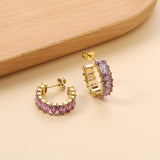 C-Shape with Two Catch Baguette White&Purple&Green&Mixed Diamond Stud Earrings 6.8*21mm