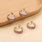 C-Shape with Two Grips Rectangle White/Purple/Green/Orange/Mixed/Pink Zirconium Earrings 6.8*21mm Steel Color/Golden Color