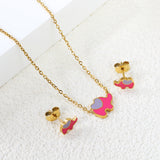 8.6*6.4mm small elephant with pink oil drop earrings +12.2*9mm pendant set cross 0.3mm*45+5cm+6mm round plate Gold color