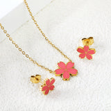 10mm Cherry Blossom with Pink Drip Earrings + 12.5mm Pendant Set Cross 0.3mm*45+5cm+6mm Round Gold Color