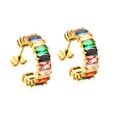 C-Shape with Two Grips Rectangle White/Purple/Green/Orange/Mixed/Pink Zirconium Earrings 6.8*21mm Steel Color/Golden Color