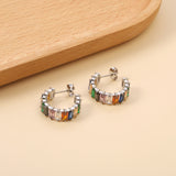 C-Shape with Two Grips Rectangle White/Purple/Green/Orange/Mixed/Pink Zirconium Earrings 6.8*21mm Steel Color/Golden Color