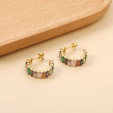 C-Shape with Two Grips Rectangle White/Purple/Green/Orange/Mixed/Pink Zirconium Earrings 6.8*21mm Steel Color/Golden Color