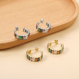 C-Shape with Two Catch Baguette White&Purple&Green&Mixed Diamond Stud Earrings 6.8*21mm