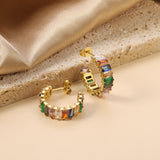 C-Shape with Two Catch Baguette White&Purple&Green&Mixed Diamond Stud Earrings 6.8*21mm