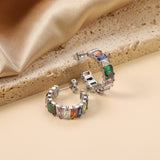 C-Shape with Two Catch Baguette White&Purple&Green&Mixed Diamond Stud Earrings 6.8*21mm