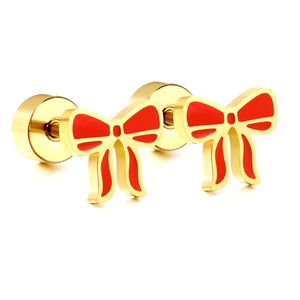 Screw plug 0.8*8mm pin bow with red oil drip earrings 8.8*8mm gold color