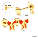 Screw plug 0.8*8mm pin bow with red oil drip earrings 8.8*8mm gold color