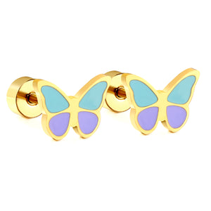 Screw plug 0.8*8mm needle butterfly with mixed color oil drip earrings 8.6*6.4mm gold color