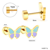 Screw plug 0.8*8mm needle butterfly with mixed color oil drip earrings 8.6*6.4mm gold color