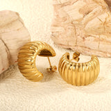 C-Shaped Horizontal Ripple Stud Earrings 14.8*25mm Gold Color