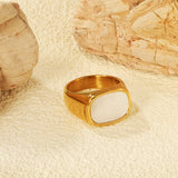 Cast Crafted Sticky White Oversized Shell Ring Square Gold Polished Stainless Steel Ring Wholesale