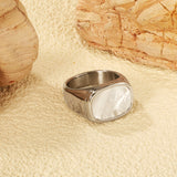 Cast Crafted Sticky White Oversized Shell Ring Square Gold Polished Stainless Steel Ring Wholesale