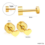 Screw plug 0.8*8mm pin small heart stud earrings 3*2.2mm gold color