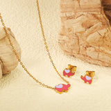 8.6*6.4mm small elephant with pink oil drop earrings +12.2*9mm pendant set cross 0.3mm*45+5cm+6mm round plate Gold color