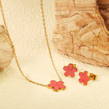 10mm Cherry Blossom with Pink Drip Earrings + 12.5mm Pendant Set Cross 0.3mm*45+5cm+6mm Round Gold Color