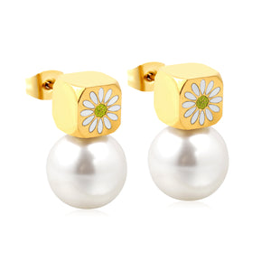 8mm square with white oil drop daisy + 12mm pearl stud earrings gold color