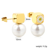 8mm square with white oil drop daisy + 12mm pearl stud earrings gold color