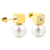 8mm square with white oil drop daisy + 12mm pearl stud earrings gold color