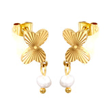 7.8*11mm Butterfly with cut corrosion surface/white shell/pink/light blue/green oil drops + 4mm freshwater pearl earrings Gold color