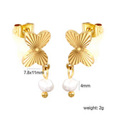 7.8*11mm Butterfly with cut corrosion surface/white shell/pink/light blue/green oil drops + 4mm freshwater pearl earrings Gold color