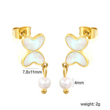 7.8*11mm Butterfly with cut corrosion surface/white shell/pink/light blue/green oil drops + 4mm freshwater pearl earrings Gold color