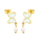 7.8*11mm Butterfly with cut corrosion surface/white shell/pink/light blue/green oil drops + 4mm freshwater pearl earrings Gold color