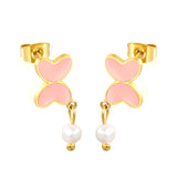 7.8*11mm Butterfly with cut corrosion surface/white shell/pink/light blue/green oil drops + 4mm freshwater pearl earrings Gold color