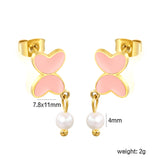 7.8*11mm Butterfly with cut corrosion surface/white shell/pink/light blue/green oil drops + 4mm freshwater pearl earrings Gold color