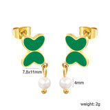 7.8*11mm Butterfly with cut corrosion surface/white shell/pink/light blue/green oil drops + 4mm freshwater pearl earrings Gold color