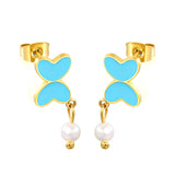 7.8*11mm Butterfly with cut corrosion surface/white shell/pink/light blue/green oil drops + 4mm freshwater pearl earrings Gold color