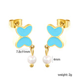 7.8*11mm Butterfly with cut corrosion surface/white shell/pink/light blue/green oil drops + 4mm freshwater pearl earrings Gold color