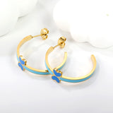 C-Shape with pink/blue oil drip 8*5.6mm butterfly earrings 27.8mm gold color