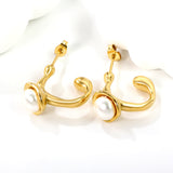 17.8mm Shaped Square Open Hole Earrings with 7mm White Pearls Gold Color