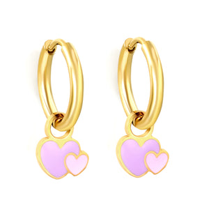 2*10mm circle + 8.4*10mm big heart with pink and purple drop earrings gold color