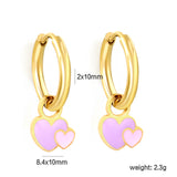 2*10mm circle + 8.4*10mm big heart with pink and purple drop earrings gold color