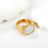 Cast Crafted Sticky White Oversized Shell Ring Square Gold Polished Stainless Steel Ring Wholesale