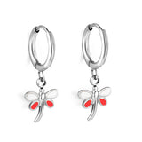 Boucles d'oreilles cercle 1.6x11mm avec libellule blanc + goutte d'huile rouge