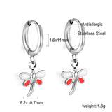 Boucles d'oreilles cercle 1.6x11mm avec libellule blanc + goutte d'huile rouge