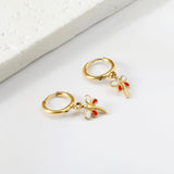 Boucles d'oreilles cercle 1.6x11mm avec libellule blanc + goutte d'huile rouge