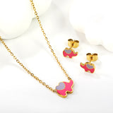 8.6*6.4mm small elephant with pink oil drop earrings +12.2*9mm pendant set cross 0.3mm*45+5cm+6mm round plate Gold color