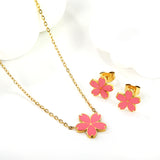 10mm Cherry Blossom with Pink Drip Earrings + 12.5mm Pendant Set Cross 0.3mm*45+5cm+6mm Round Gold Color