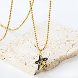 13.2mm Star Abalone Shell with Eyes White Diamond Pendant Necklace 1.5mm*45+5cm+6mm Round Plaque Gold Color