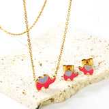 8.6*6.4mm small elephant with pink oil drop earrings +12.2*9mm pendant set cross 0.3mm*45+5cm+6mm round plate Gold color