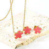 10mm Cherry Blossom with Pink Drip Earrings + 12.5mm Pendant Set Cross 0.3mm*45+5cm+6mm Round Gold Color