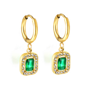 2x13mm circle with rectangular green diamond + white diamond hoop earrings