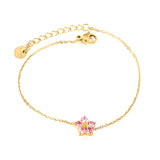 9.3*8.9mm Five Petal Flower with Round White/Purple/Pink Zirconium Bracelet 17+3cm+6mm Round End Tag Gold