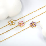 9.3*8.9mm Five Petal Flower with Round White/Purple/Pink Zirconium Bracelet 17+3cm+6mm Round End Tag Gold